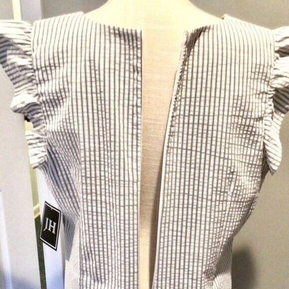 Dress Wing Ruffle Sleeve Pinstripe Crew Neck Zip Stretch Easter Spring Sz 16 - Picture 5 of 14